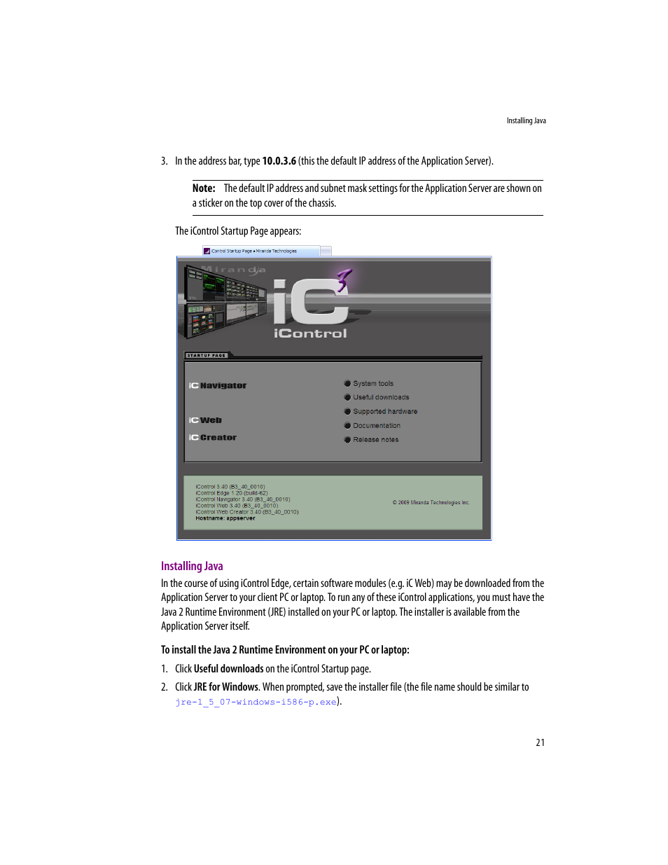 Installing java | Grass Valley iControlEdge v.1.20 Installation User Manual | Page 25 / 110