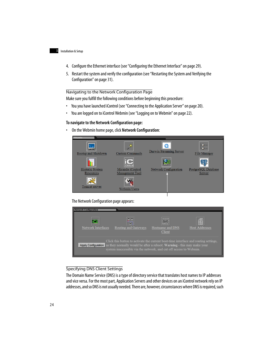 Specifying dns client settings, See “specifying dns client settings” on | Grass Valley iControlEdge v.1.20 Installation User Manual | Page 28 / 110