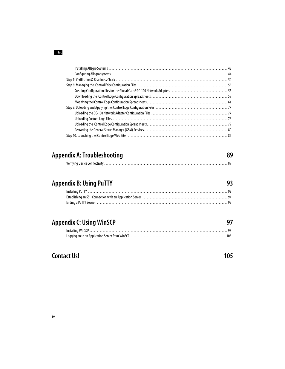 Appendix a: troubleshooting 89, Appendix b: using putty 93, Appendix c: using winscp 97 | Contact us! 105 | Grass Valley iControlEdge v.1.20 Installation User Manual | Page 4 / 110