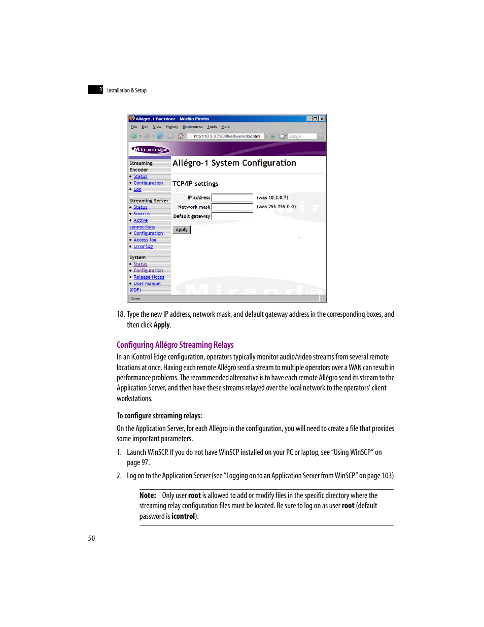 Configuring allégro streaming relays | Grass Valley iControlEdge v.1.20 Installation User Manual | Page 54 / 110