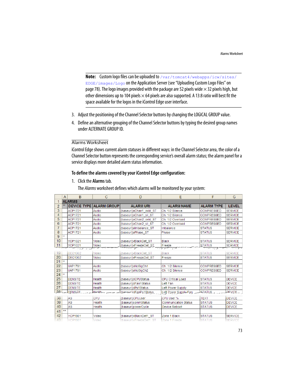 Alarms worksheet | Grass Valley iControlEdge v.1.20 Installation User Manual | Page 77 / 110
