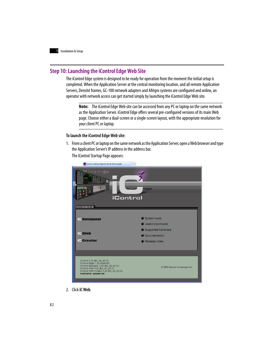 Step 10: launching the icontrol edge web site | Grass Valley iControlEdge v.1.20 Installation User Manual | Page 86 / 110