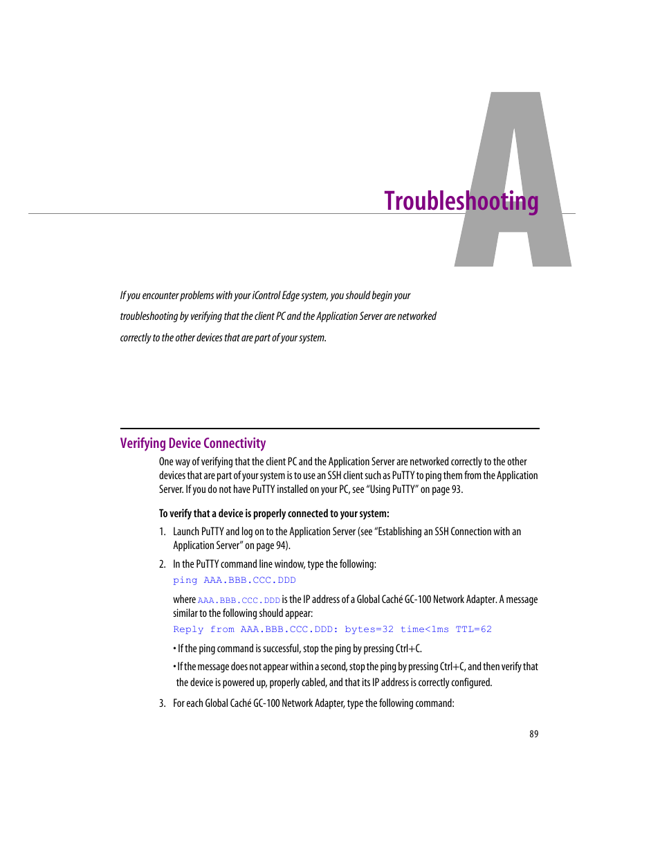 Troubleshooting, Verifying device connectivity, Appendix a: troubleshooting | Grass Valley iControlEdge v.1.20 Installation User Manual | Page 93 / 110