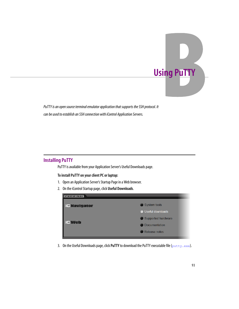 Using putty, Installing putty, Appendix b: using putty | Grass Valley iControlEdge v.1.20 Installation User Manual | Page 97 / 110