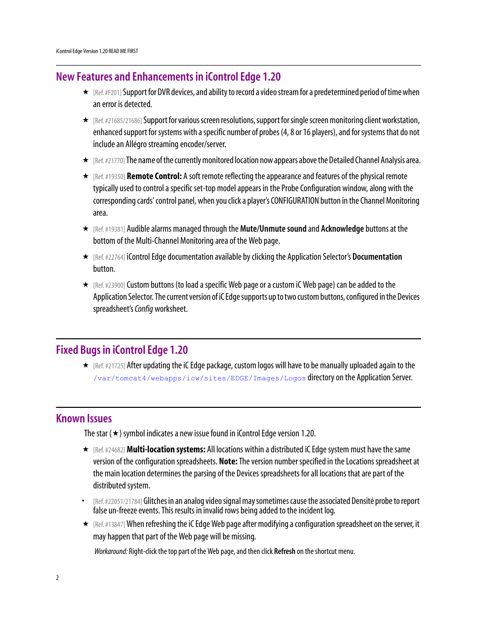 Fixed bugs in icontrol edge 1.20, Known issues | Grass Valley iControlEdge v.1.20 ReadMeFirst User Manual | Page 2 / 7