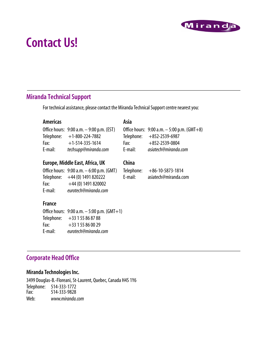Contact us, Miranda technical support, Corporate head office | Grass Valley iControlEdge v.1.20 ReadMeFirst User Manual | Page 7 / 7