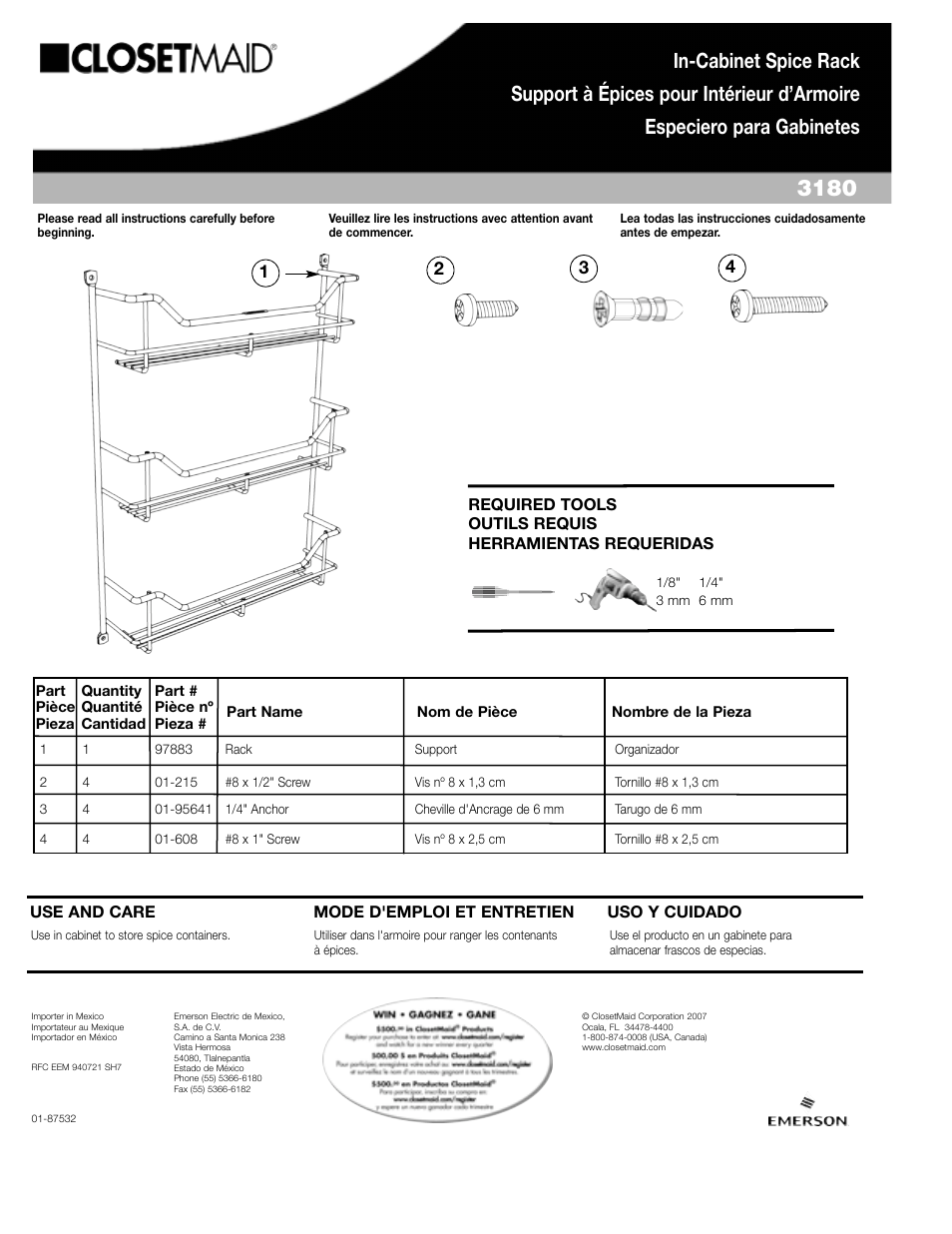 Closet Maid In-Cabinet Spice Rack 3180 User Manual | 2 pages