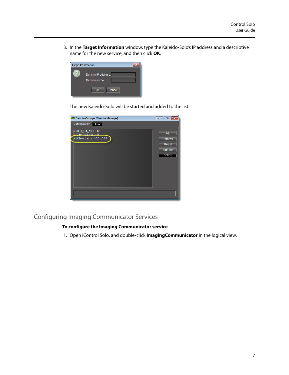 Configuring imaging communicator services | Grass Valley iControl Solo v.6.00 User Manual | Page 11 / 70