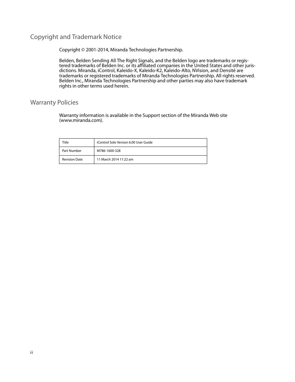 Copyright and trademark notice, Warranty policies | Grass Valley iControl Solo v.6.00 User Manual | Page 2 / 70