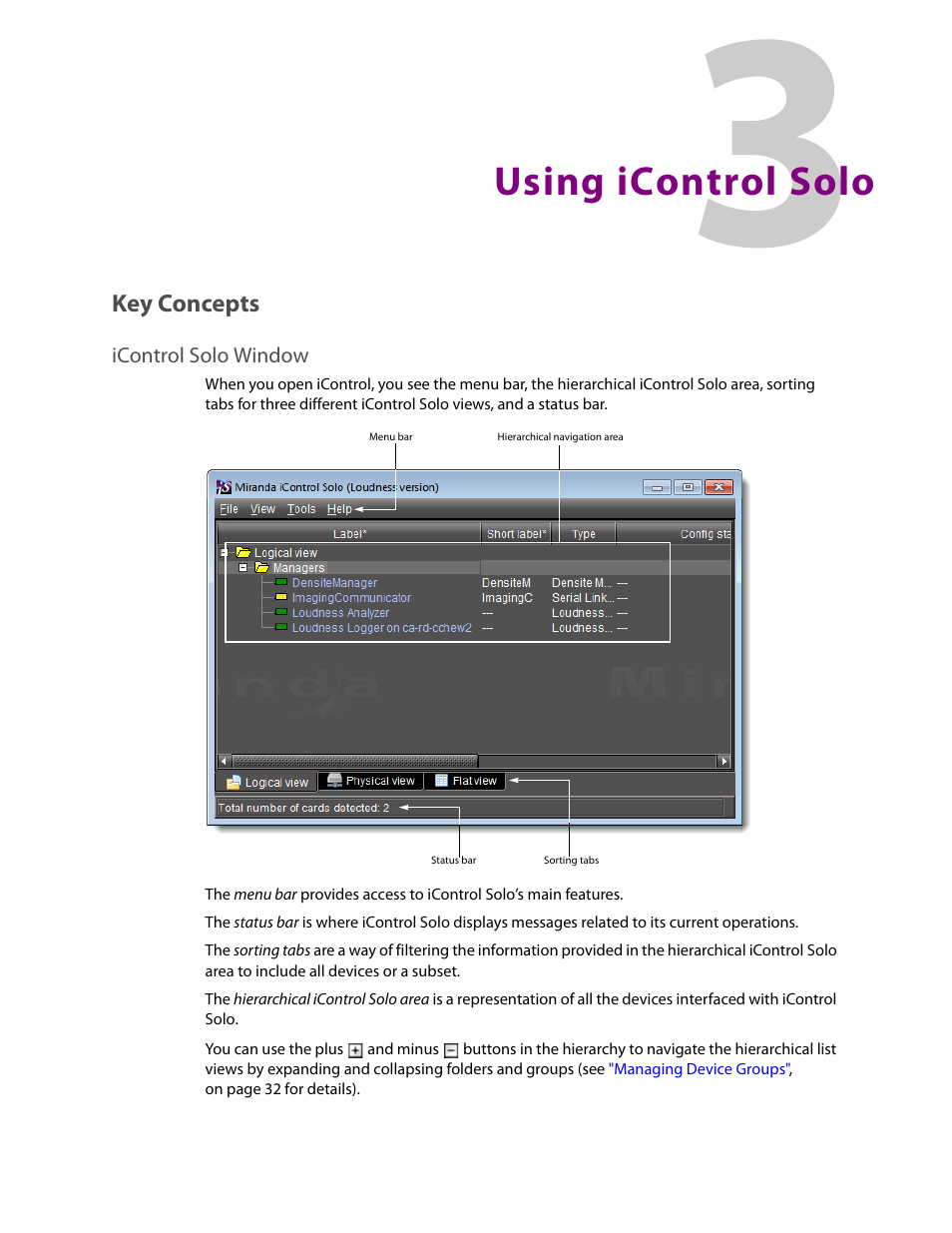 Using icontrol solo, Key concepts, Icontrol solo window | Grass Valley iControl Solo v.6.00 User Manual | Page 21 / 70