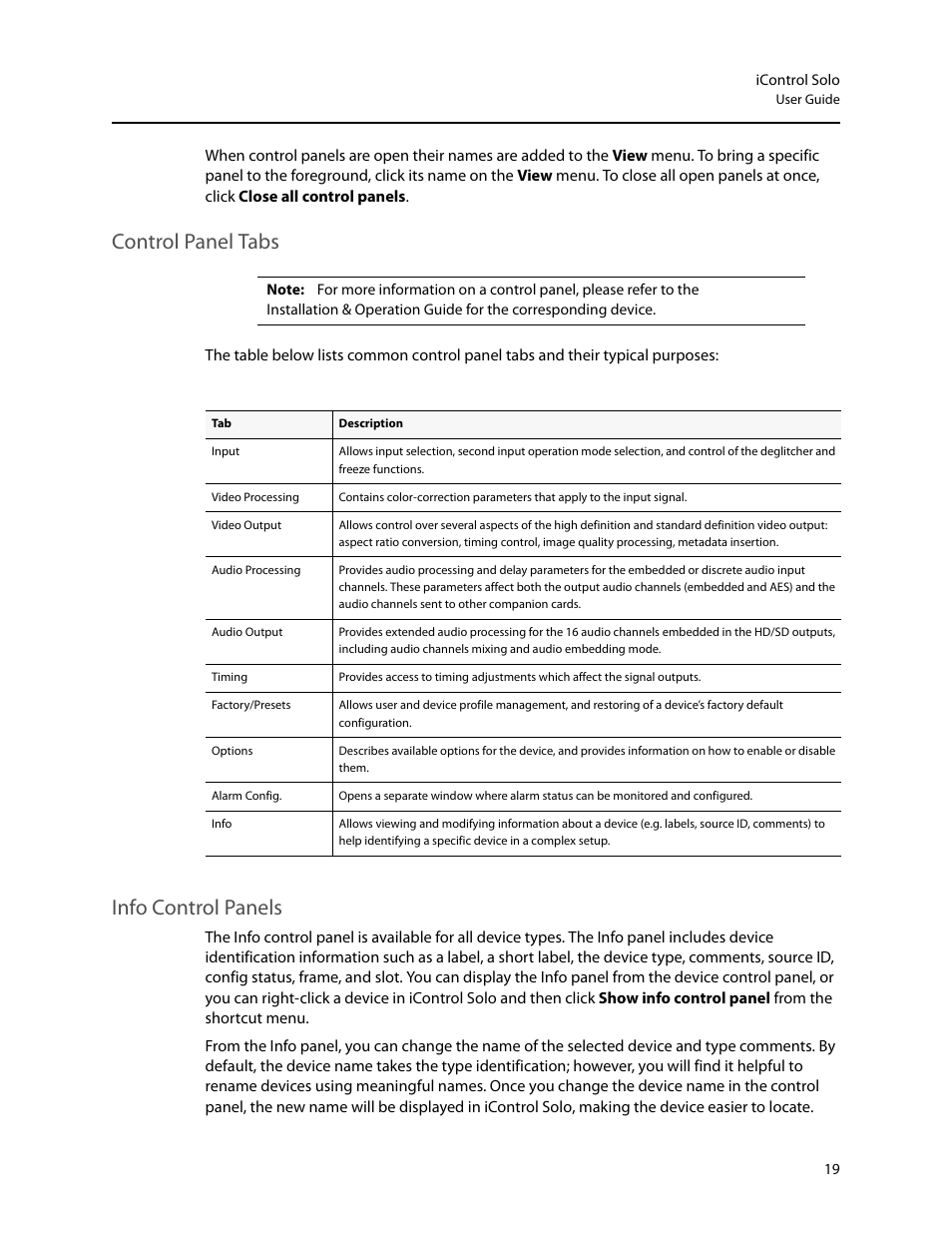 Control panel tabs, Info control panels | Grass Valley iControl Solo v.6.00 User Manual | Page 23 / 70