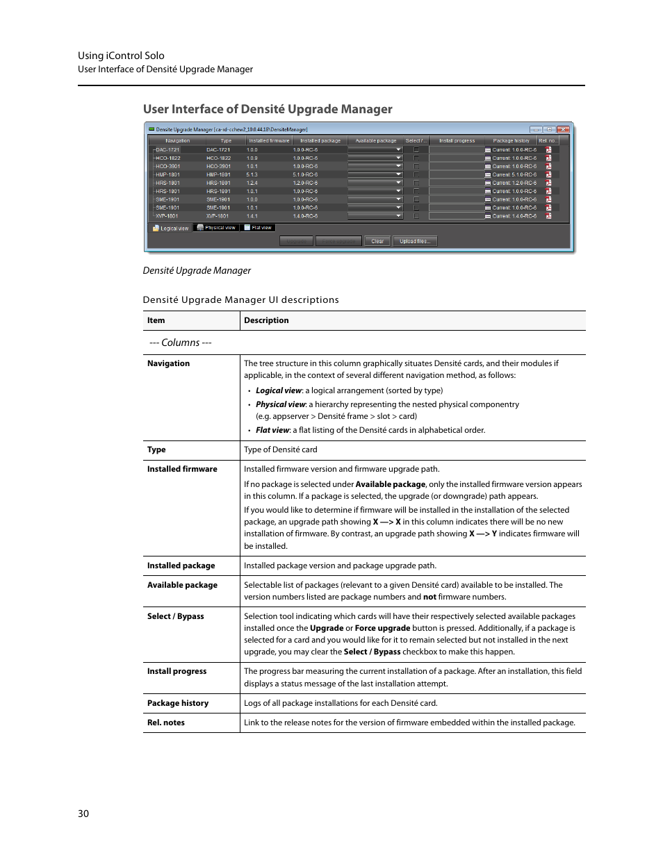 User interface of densité upgrade manager | Grass Valley iControl Solo v.6.00 User Manual | Page 34 / 70