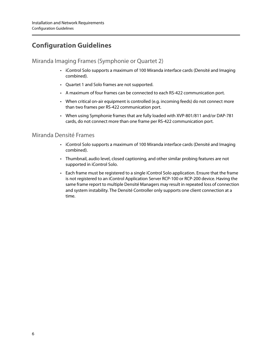 Configuration guidelines, Miranda imaging frames (symphonie or quartet 2), Miranda densité frames | Grass Valley iControl Solo v.4.13 User Manual | Page 10 / 25