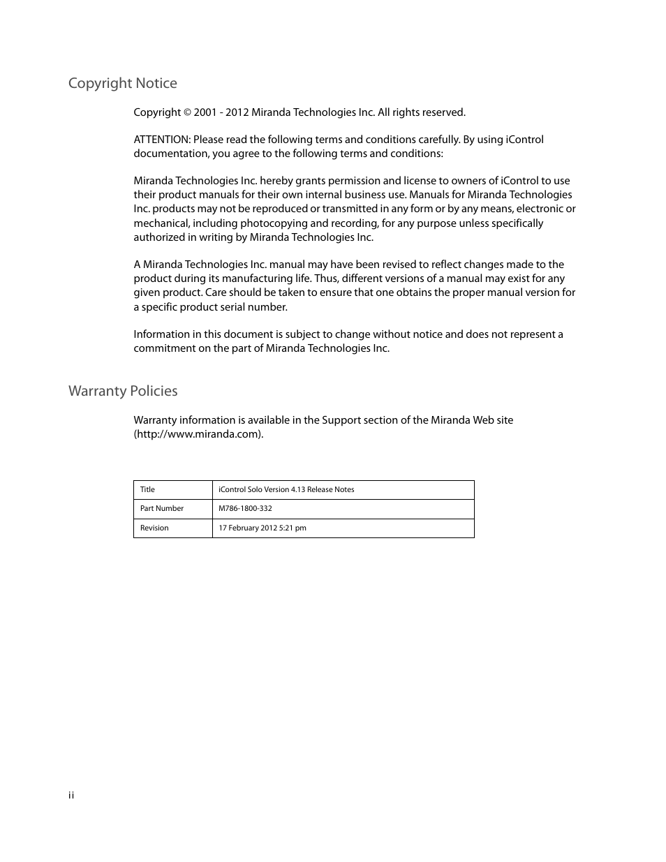 Copyright notice, Warranty policies | Grass Valley iControl Solo v.4.13 User Manual | Page 2 / 25