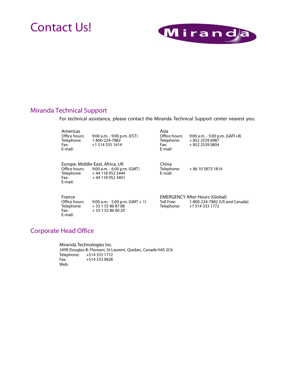 Contact us, Miranda technical support, Corporate head office | Grass Valley iControl Solo v.4.13 User Manual | Page 25 / 25