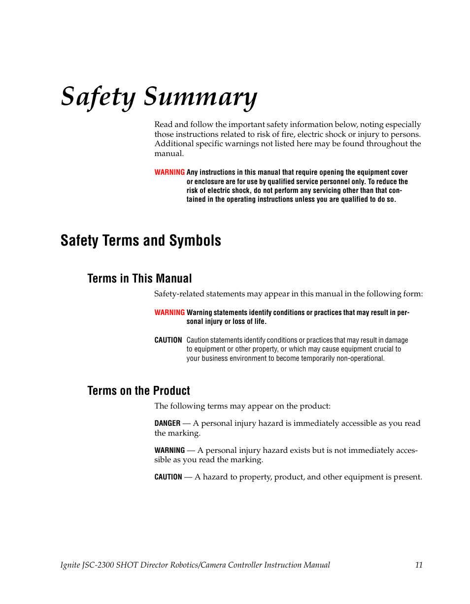 Safety summary, Safety terms and symbols, Terms in this manual | Terms on the product | Grass Valley JSC-2300 SHOT User Manual | Page 11 / 66