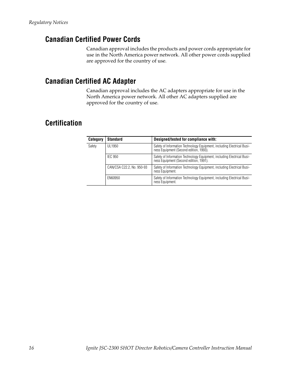 Canadian certified power cords, Canadian certified ac adapter, Certification | Grass Valley JSC-2300 SHOT User Manual | Page 16 / 66