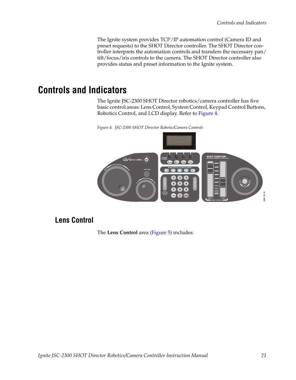 Controls and indicators, Lens control | Grass Valley JSC-2300 SHOT User Manual | Page 21 / 66
