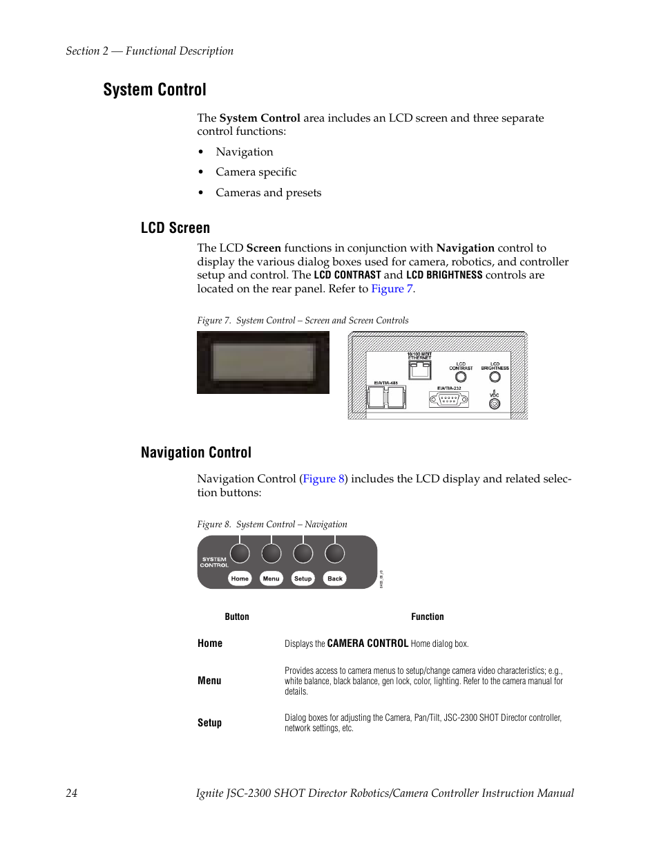 System control, Lcd screen, Navigation control | Grass Valley JSC-2300 SHOT User Manual | Page 24 / 66