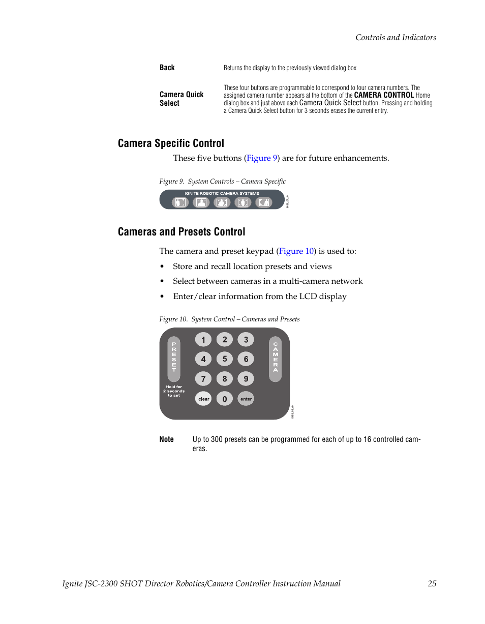 Camera specific control, Cameras and presets control | Grass Valley JSC-2300 SHOT User Manual | Page 25 / 66