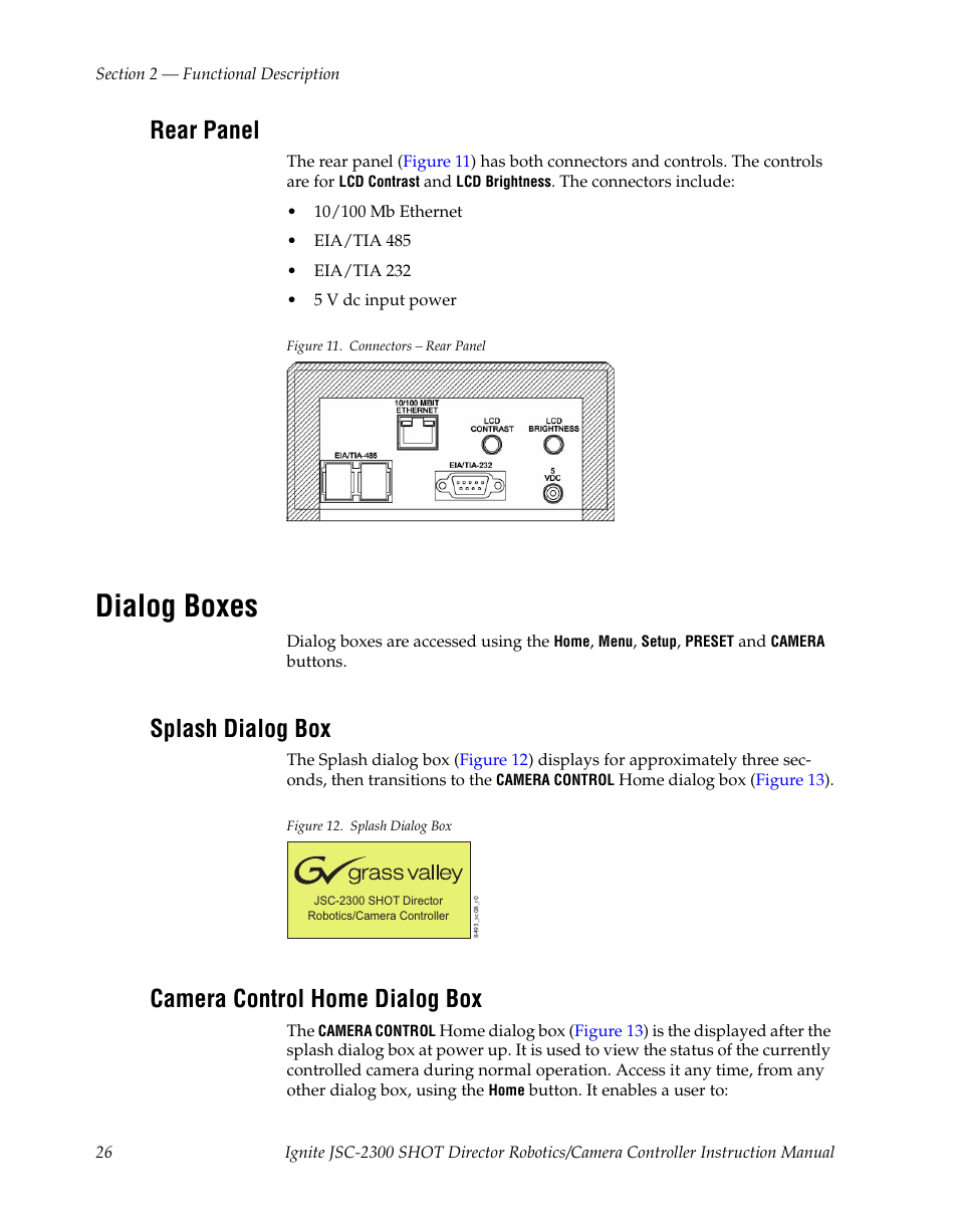 Rear panel, Dialog boxes, Splash dialog box | Camera control home dialog box | Grass Valley JSC-2300 SHOT User Manual | Page 26 / 66