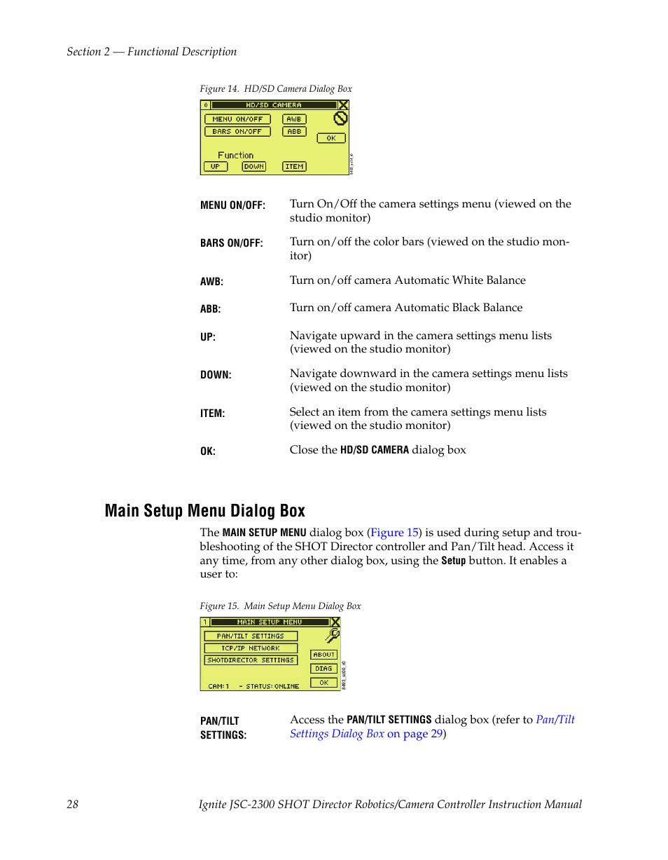 Main setup menu dialog box | Grass Valley JSC-2300 SHOT User Manual | Page 28 / 66