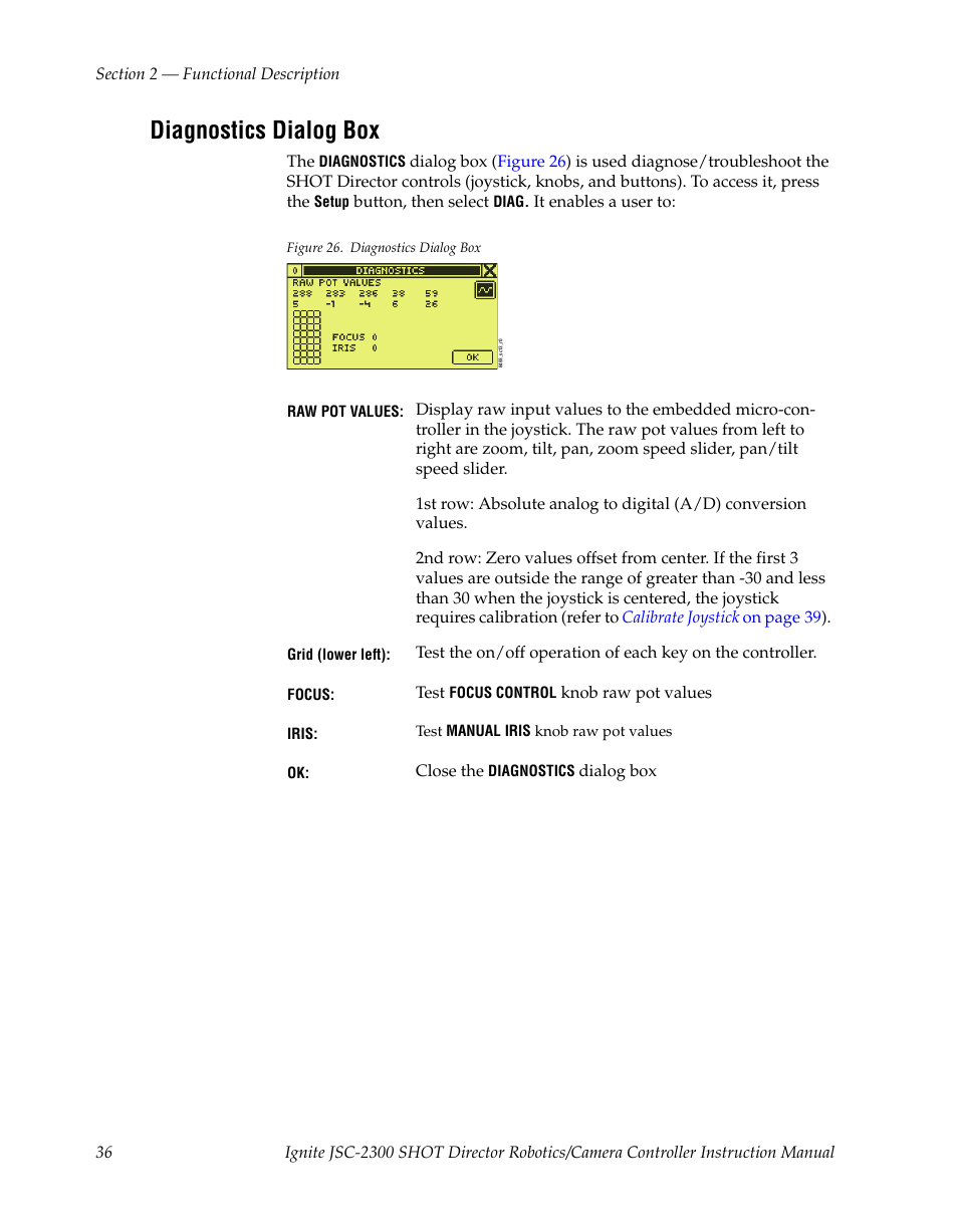 Diagnostics dialog box, Diagnostics | Grass Valley JSC-2300 SHOT User Manual | Page 36 / 66