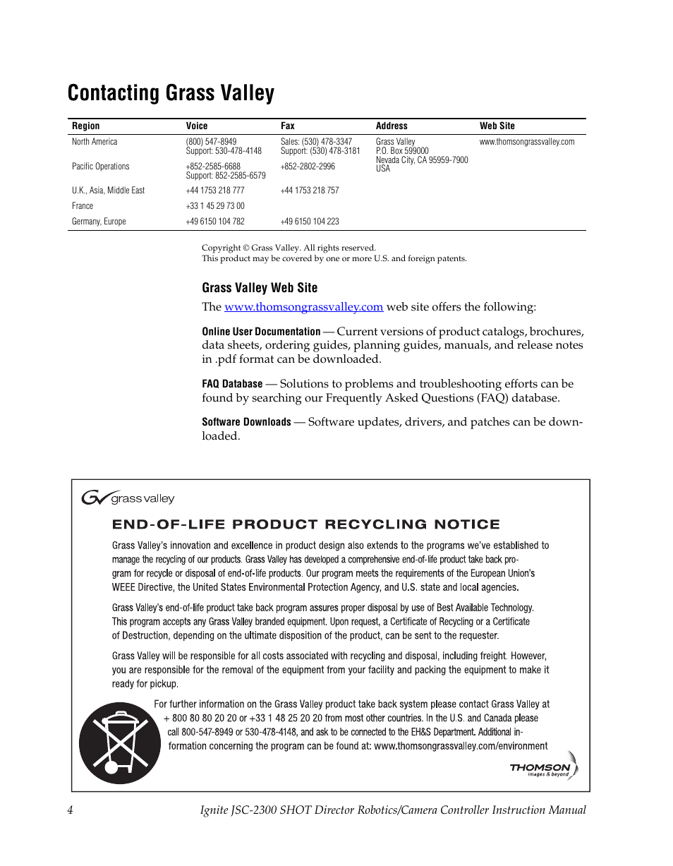 Contacting grass valley | Grass Valley JSC-2300 SHOT User Manual | Page 4 / 66