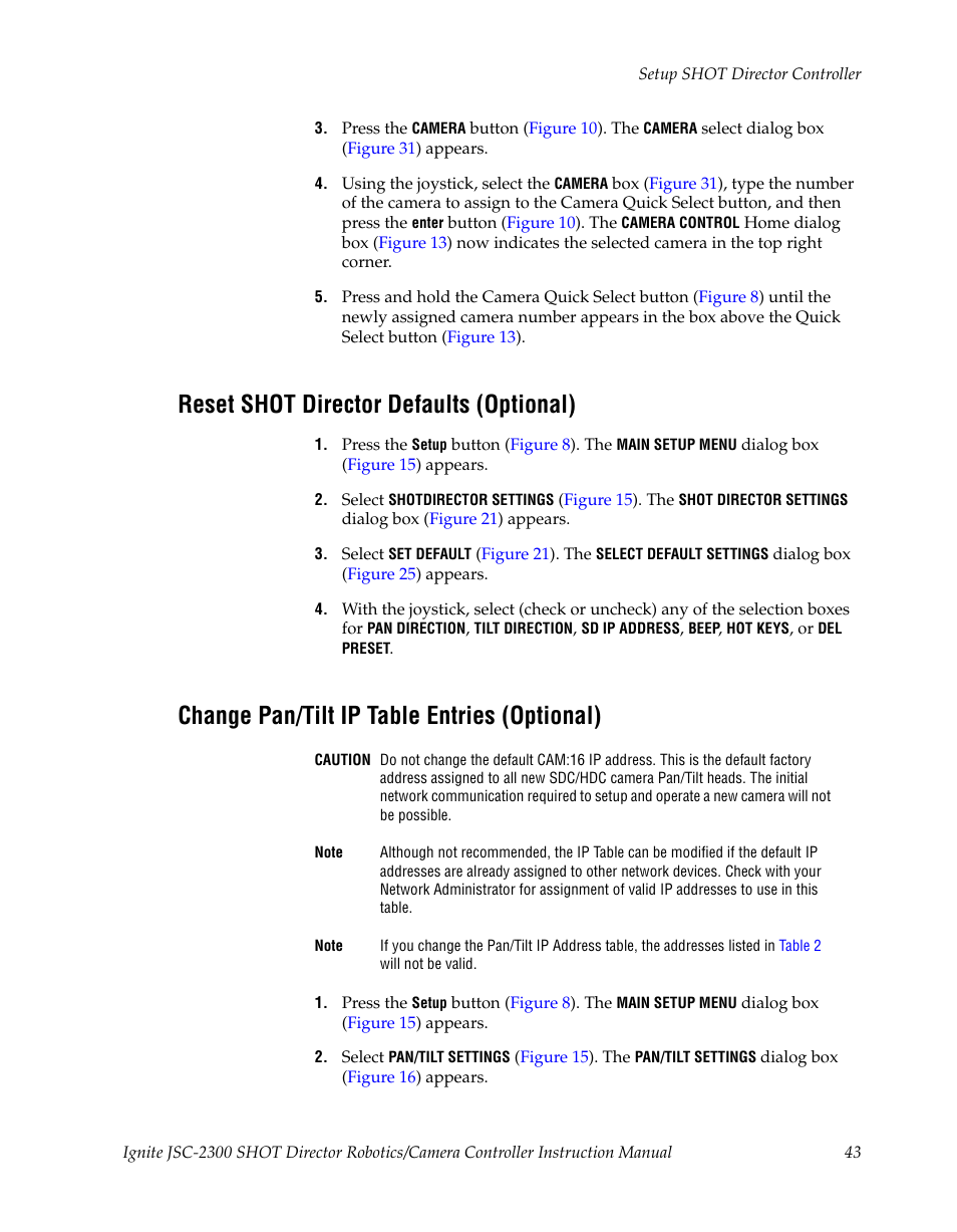 Reset shot director defaults (optional), Change pan/tilt ip table entries (optional) | Grass Valley JSC-2300 SHOT User Manual | Page 43 / 66