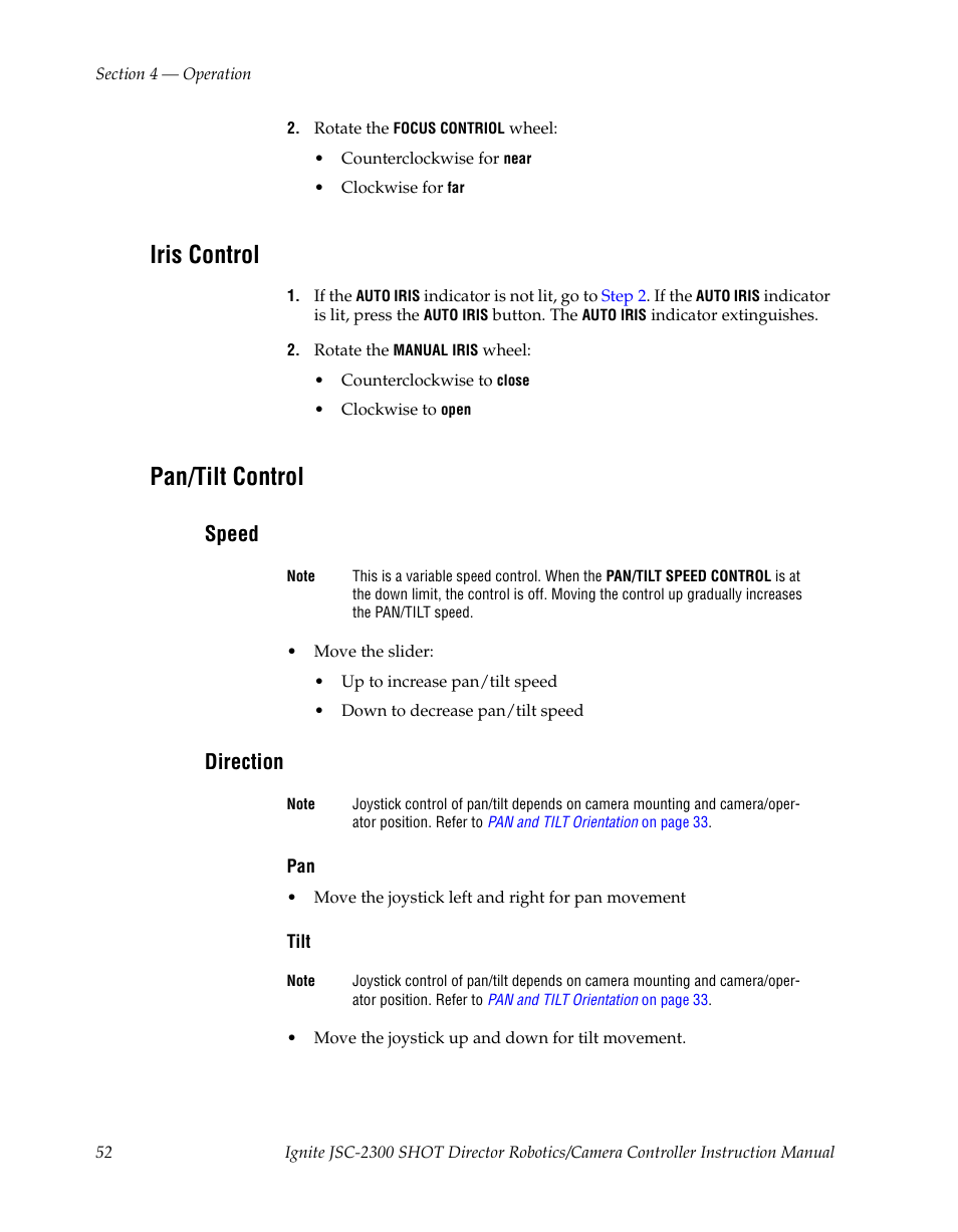 Iris control, Pan/tilt control, Speed | Direction | Grass Valley JSC-2300 SHOT User Manual | Page 52 / 66