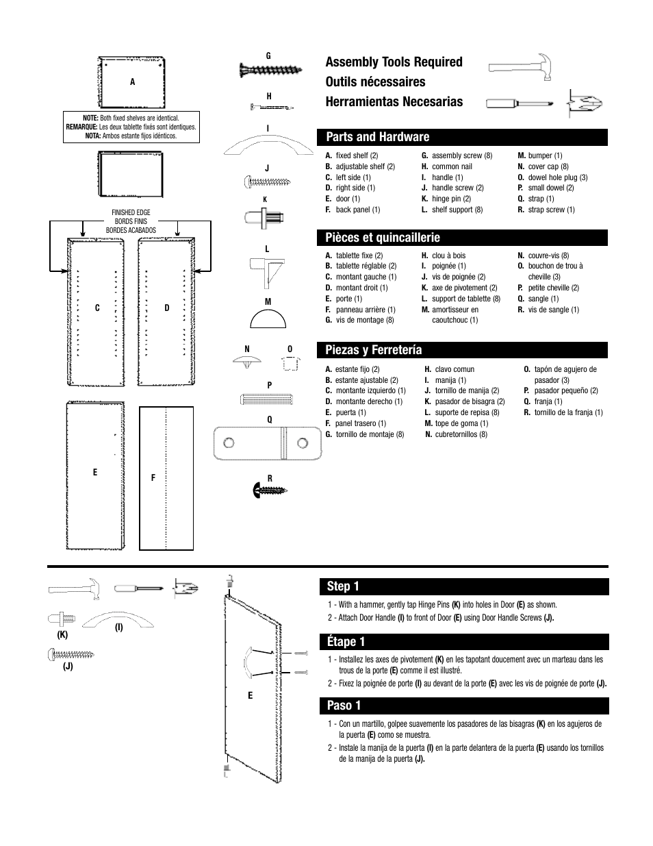 Pièces et quincaillerie, Piezas y ferretería, Parts and hardware | Step 1, Étape 1, Paso 1 | Closet Maid Stackable Storage Organizer SSODR User Manual | Page 2 / 4