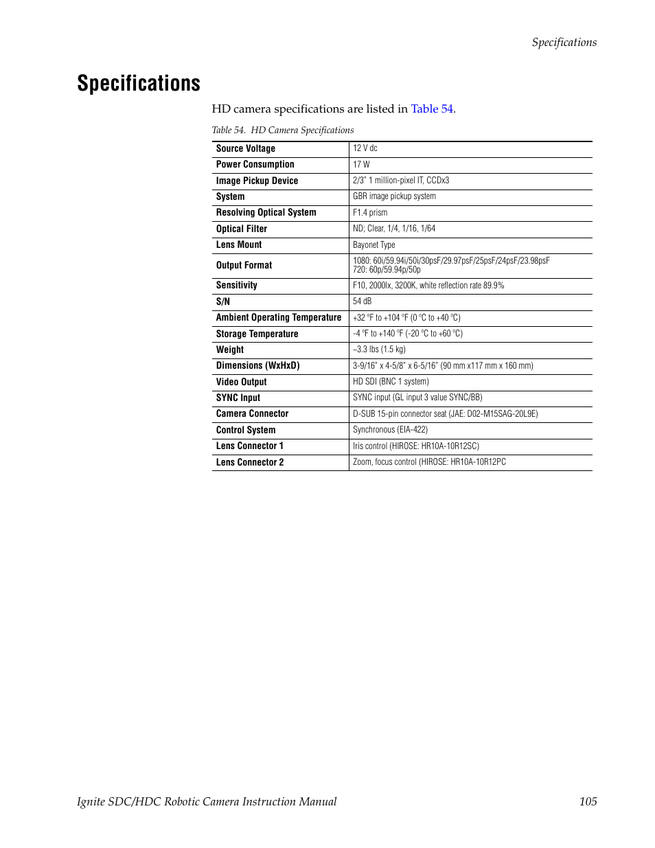 Specifications | Grass Valley Ignite SDC User Manual | Page 105 / 122