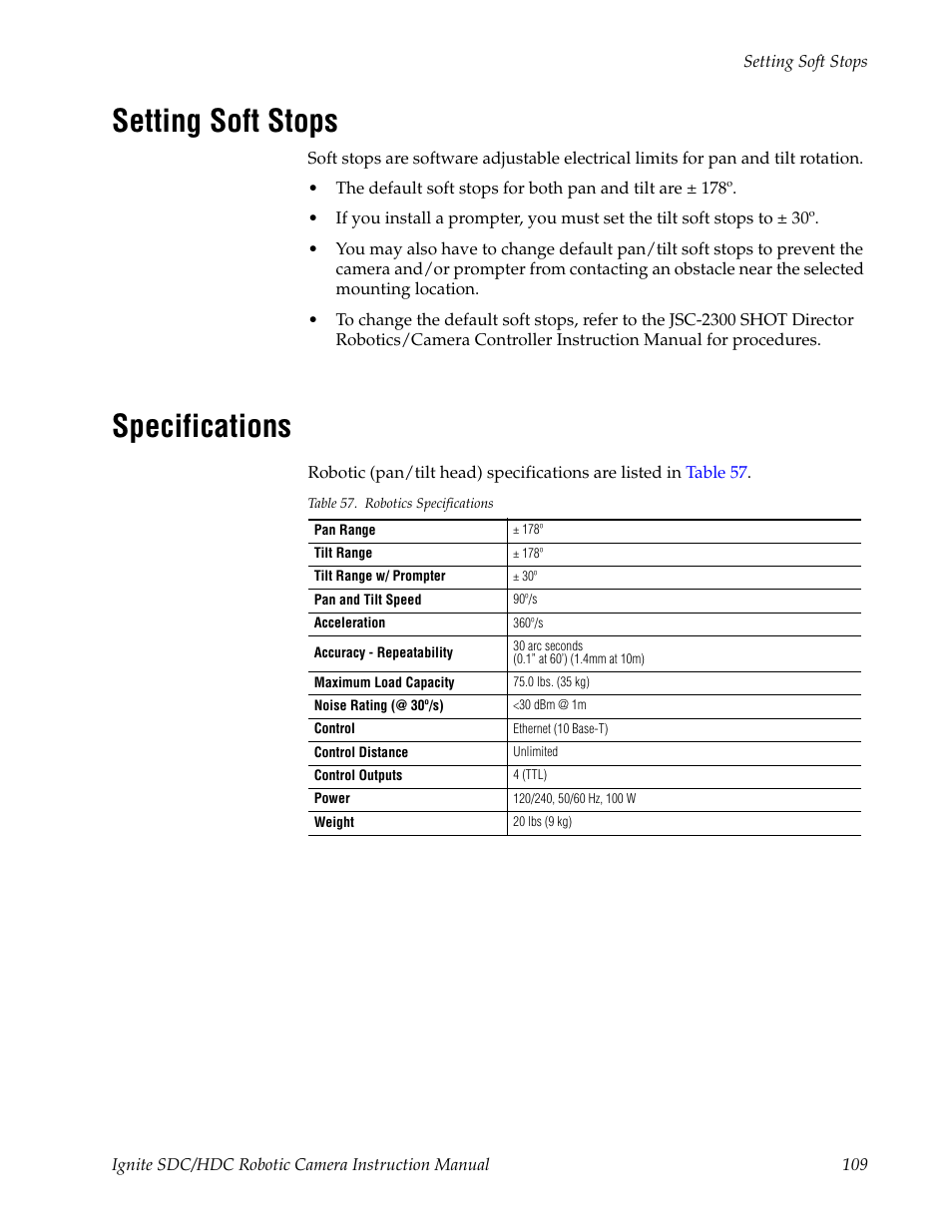 Setting soft stops, Specifications | Grass Valley Ignite SDC User Manual | Page 109 / 122