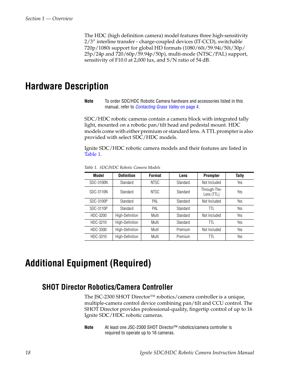 Hardware description, Additional equipment (required), Shot director robotics/camera controller | Grass Valley Ignite SDC User Manual | Page 18 / 122