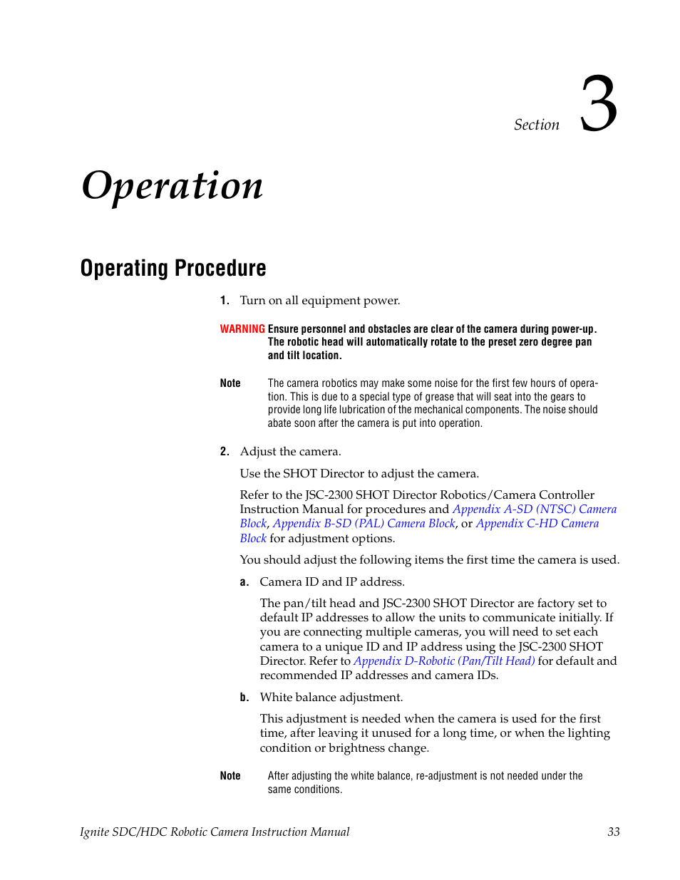Operation, Operating procedure, Section 3 — operation | Grass Valley Ignite SDC User Manual | Page 33 / 122
