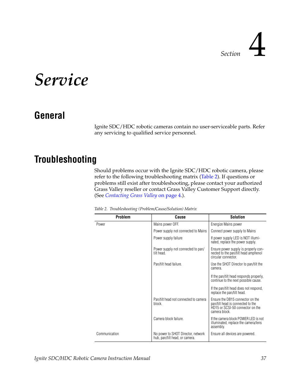 Service, General, Troubleshooting | Section 4 — service | Grass Valley Ignite SDC User Manual | Page 37 / 122
