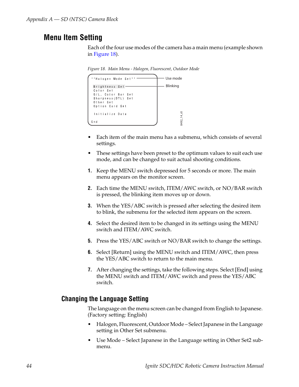 Menu item setting, Changing the language setting | Grass Valley Ignite SDC User Manual | Page 44 / 122