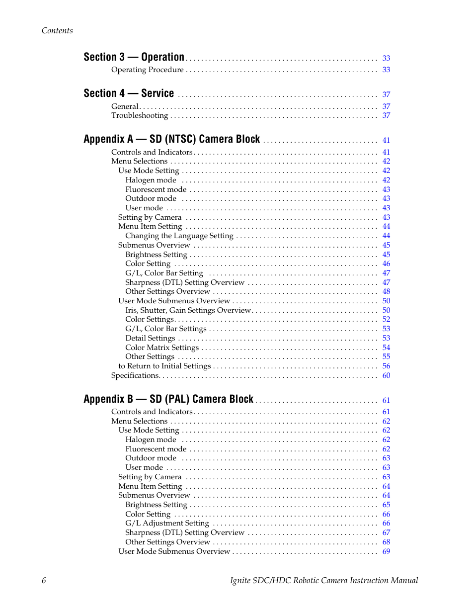 Appendix a — sd (ntsc) camera block, Appendix b — sd (pal) camera block | Grass Valley Ignite SDC User Manual | Page 6 / 122