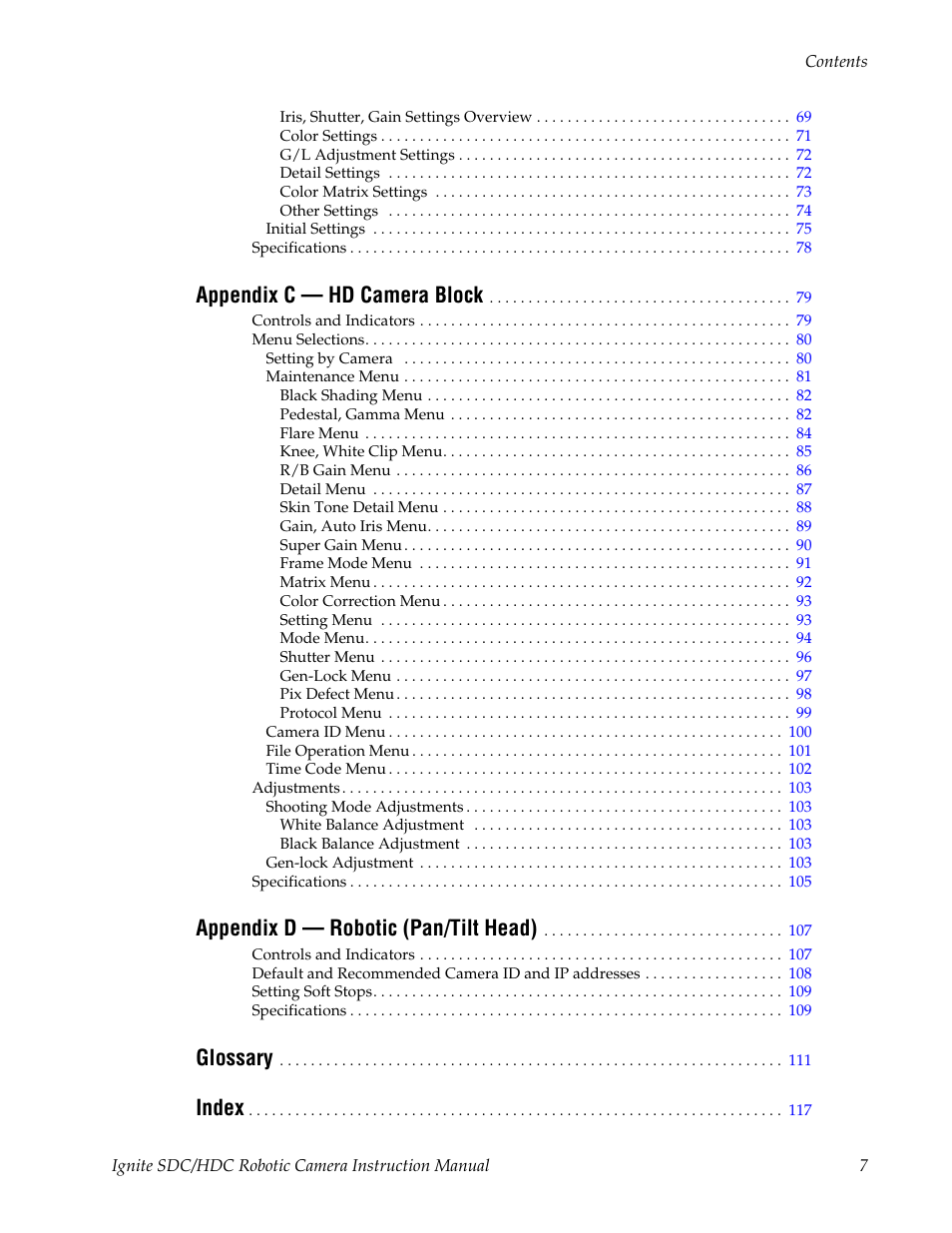 Appendix c — hd camera block, Appendix d — robotic (pan/tilt head), Glossary | Index | Grass Valley Ignite SDC User Manual | Page 7 / 122