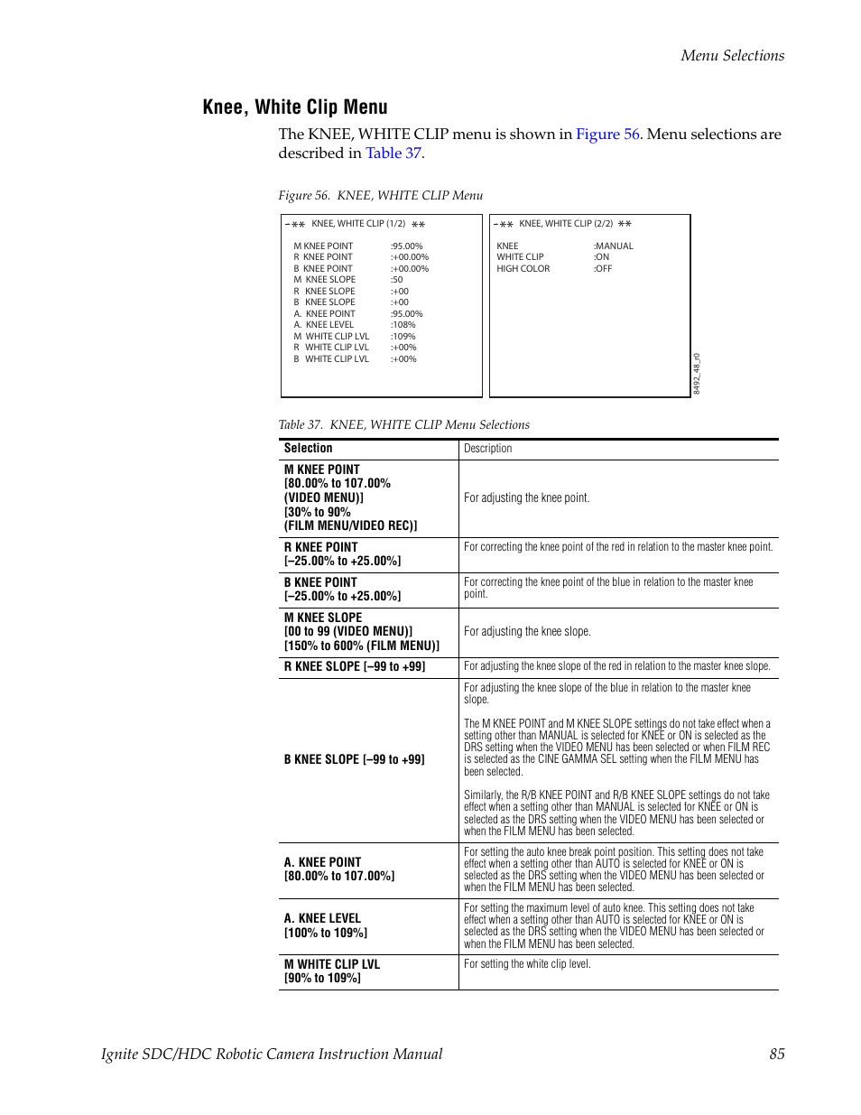 Knee, white clip menu | Grass Valley Ignite SDC User Manual | Page 85 / 122