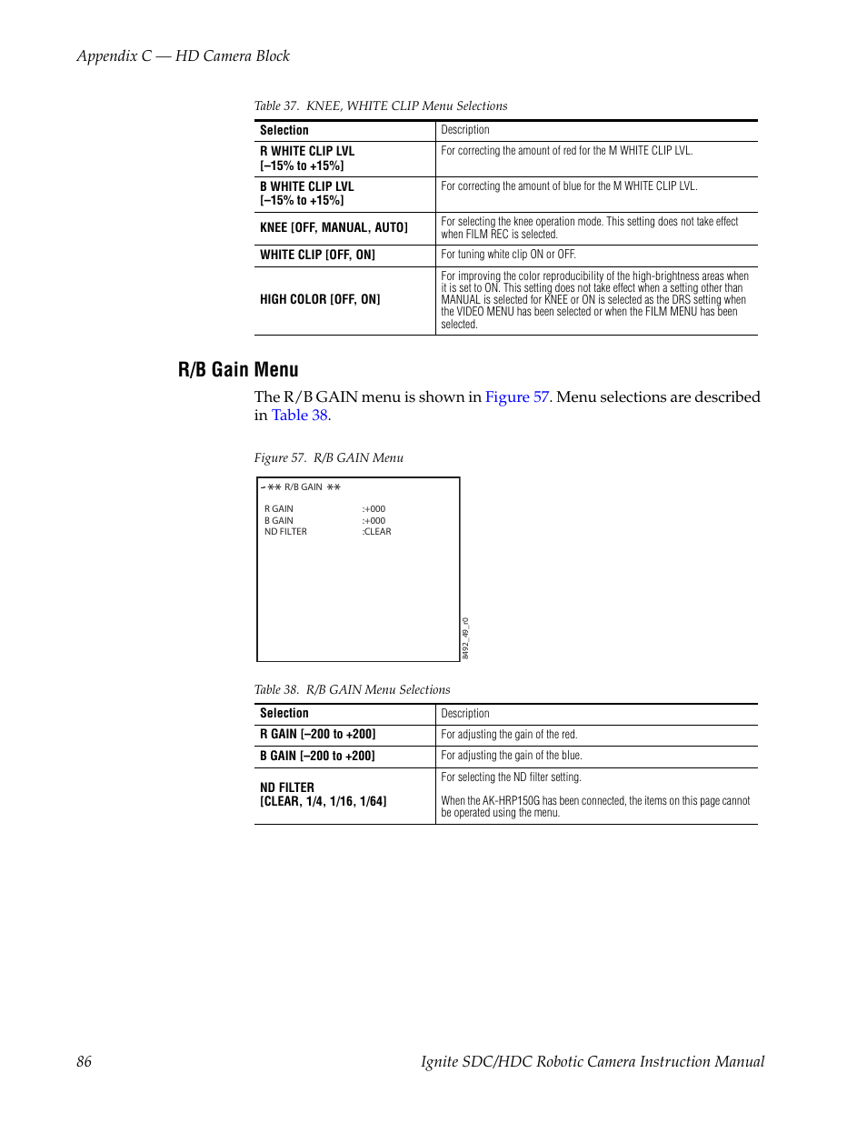 R/b gain menu | Grass Valley Ignite SDC User Manual | Page 86 / 122
