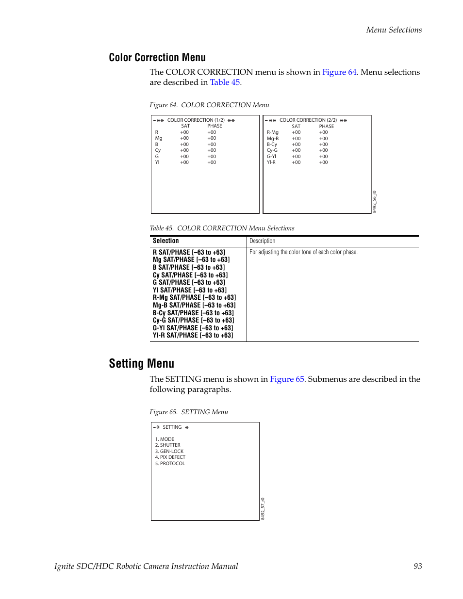 Color correction menu, Setting menu | Grass Valley Ignite SDC User Manual | Page 93 / 122