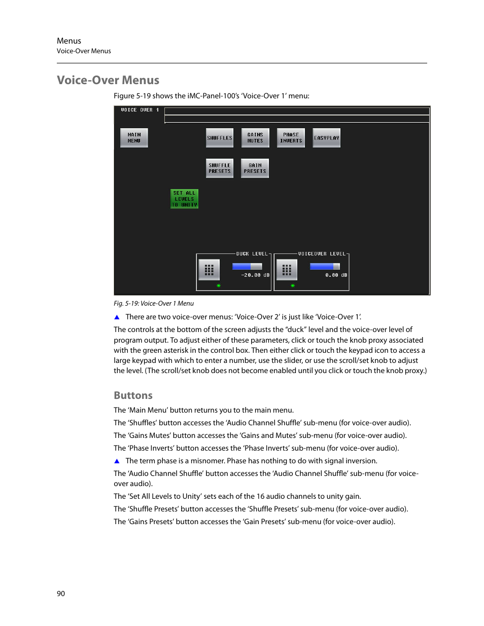 Voice-over menus, Buttons | Grass Valley iMC-Panel-100 v.7.2.9.0 User Manual | Page 102 / 190
