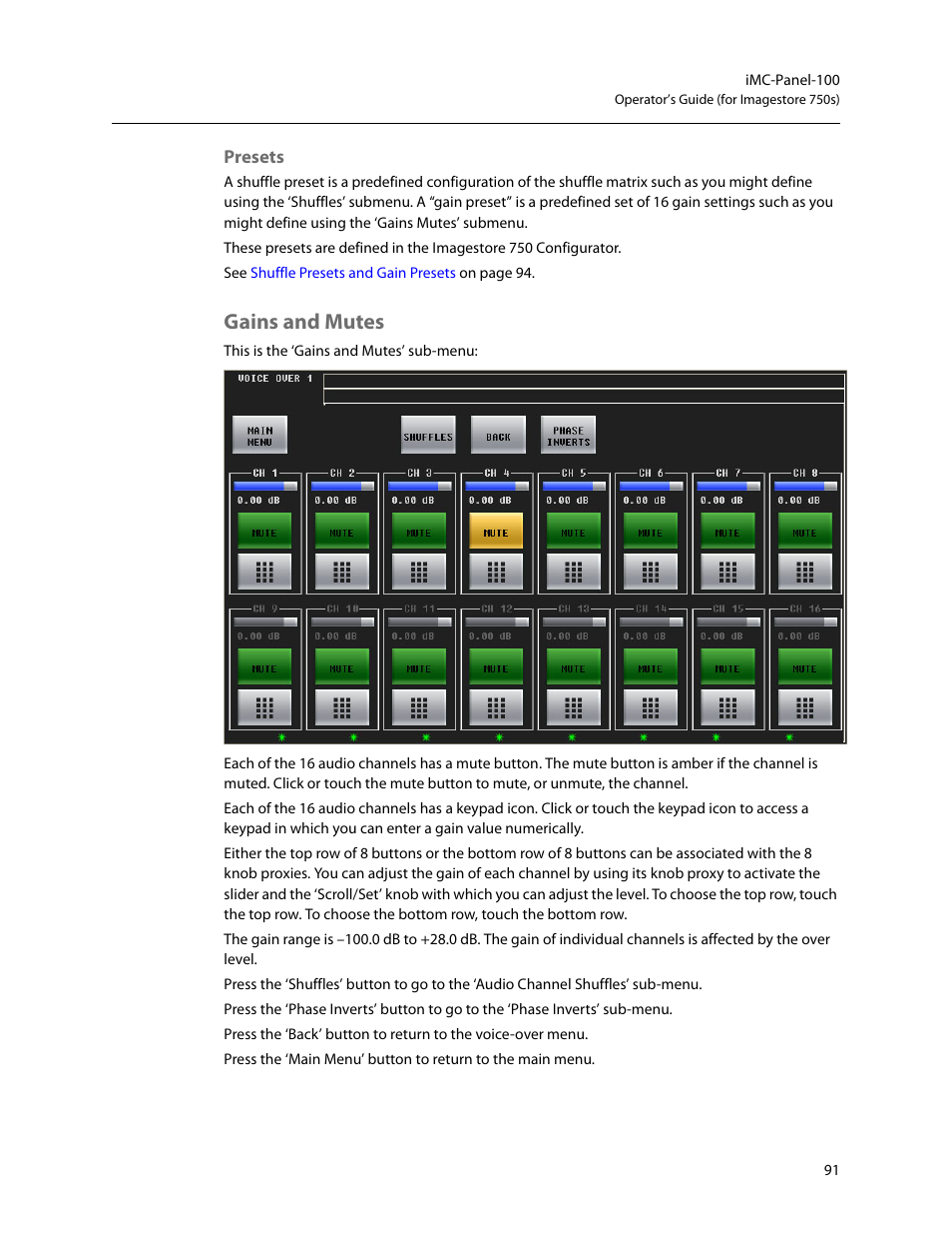 Presets, Gains and mutes | Grass Valley iMC-Panel-100 v.7.2.9.0 User Manual | Page 103 / 190