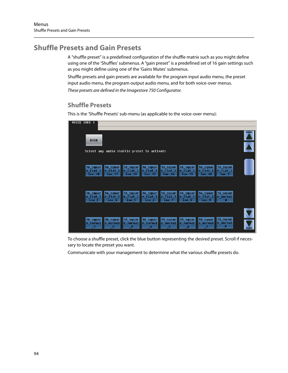 Shuffle presets and gain presets, Shuffle presets | Grass Valley iMC-Panel-100 v.7.2.9.0 User Manual | Page 106 / 190