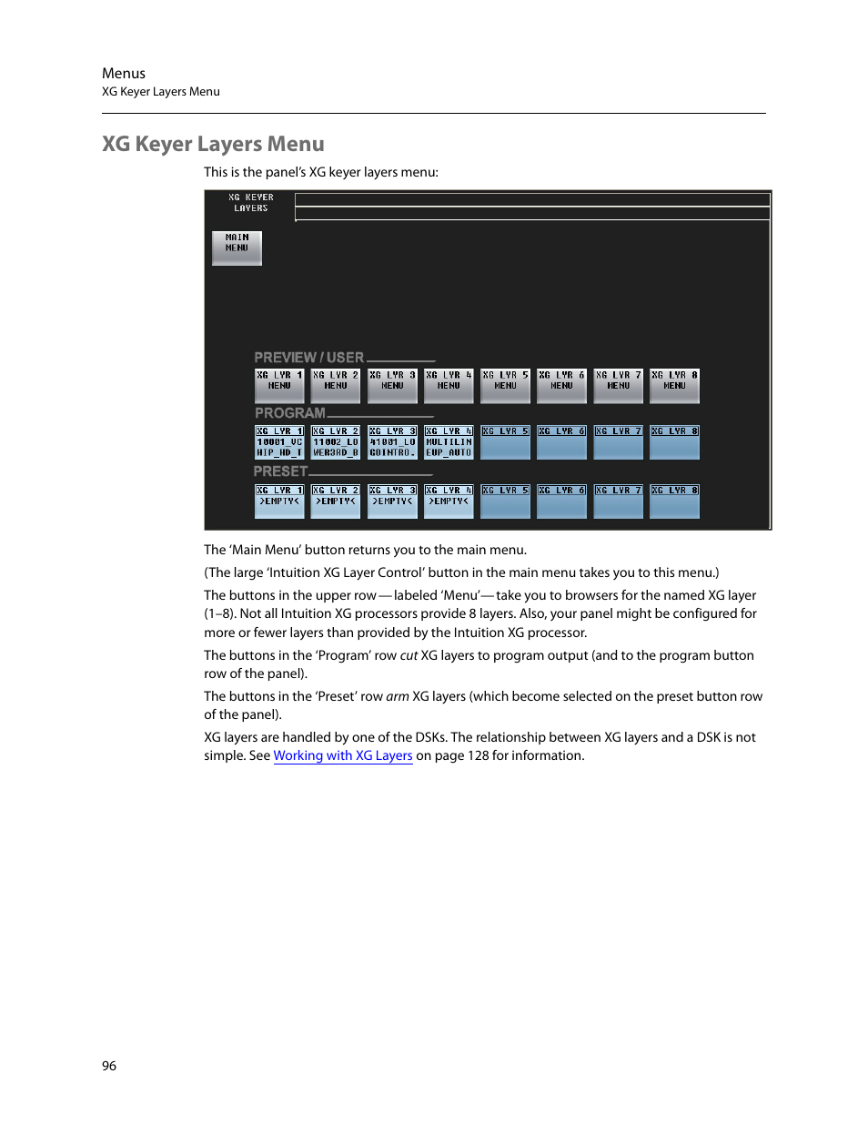 Xg keyer layers menu, Xg keyer layers, Menu | Grass Valley iMC-Panel-100 v.7.2.9.0 User Manual | Page 108 / 190