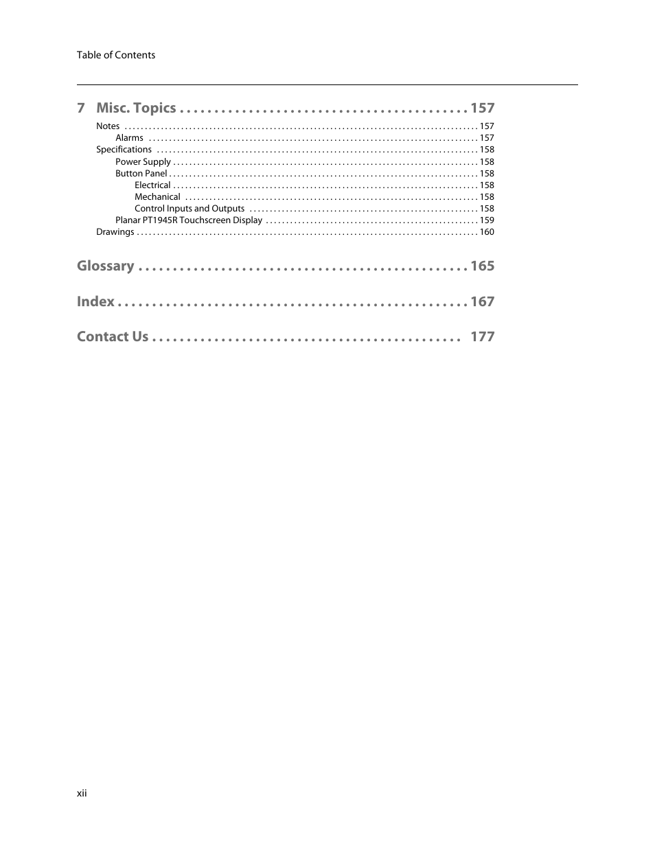 7 misc. topics, Glossary index contact us | Grass Valley iMC-Panel-100 v.7.2.9.0 User Manual | Page 12 / 190