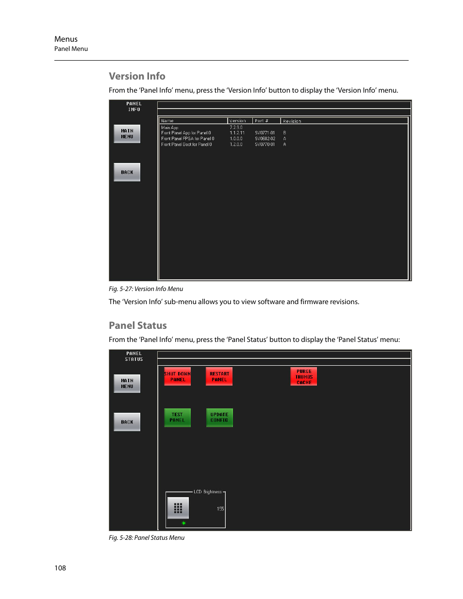 Version info, Panel status, Version info panel status | Review sof, Restar | Grass Valley iMC-Panel-100 v.7.2.9.0 User Manual | Page 120 / 190