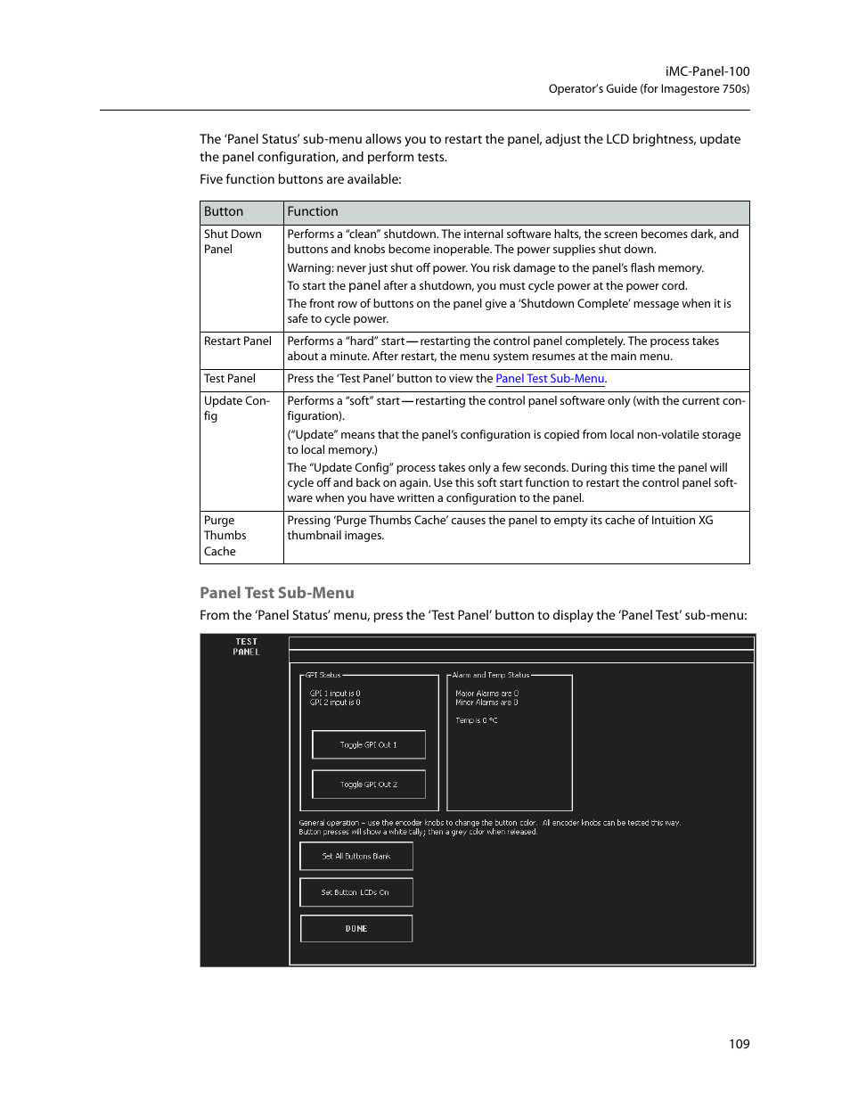 Panel test sub-menu | Grass Valley iMC-Panel-100 v.7.2.9.0 User Manual | Page 121 / 190