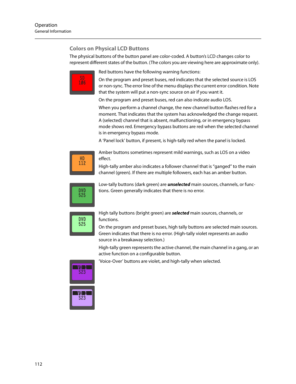 Colors on physical lcd buttons | Grass Valley iMC-Panel-100 v.7.2.9.0 User Manual | Page 124 / 190